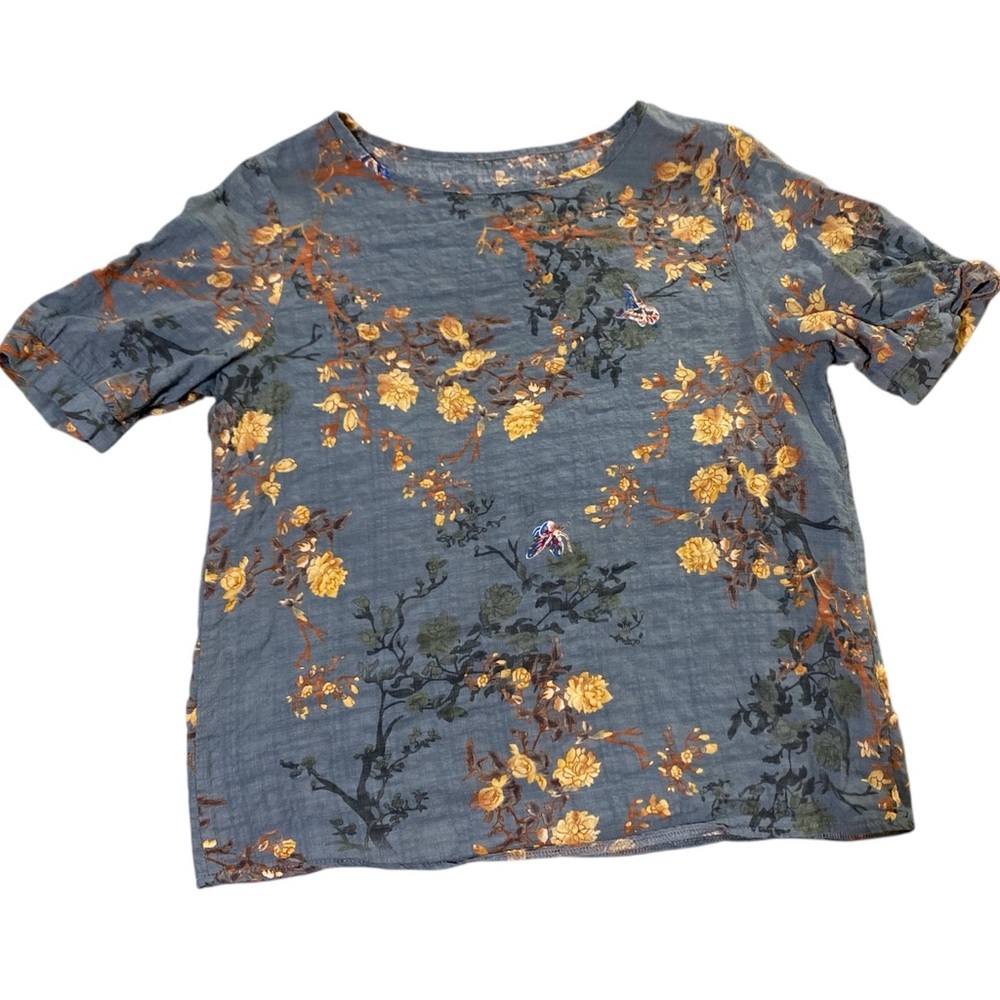 Emery Rose Women's Blue Floral Butterfly Short Sleeve Top Shirt Blouse Small